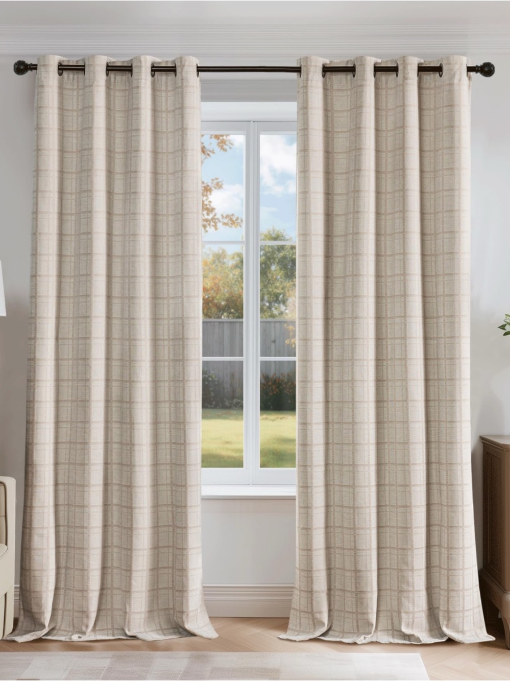 Beige Plaid Textured Curtain Panel - Beige